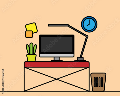 work room computer on desk with lamp and plant, easy line style graphic