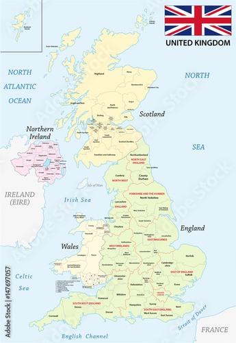 united kingdom administrative and political map with flag