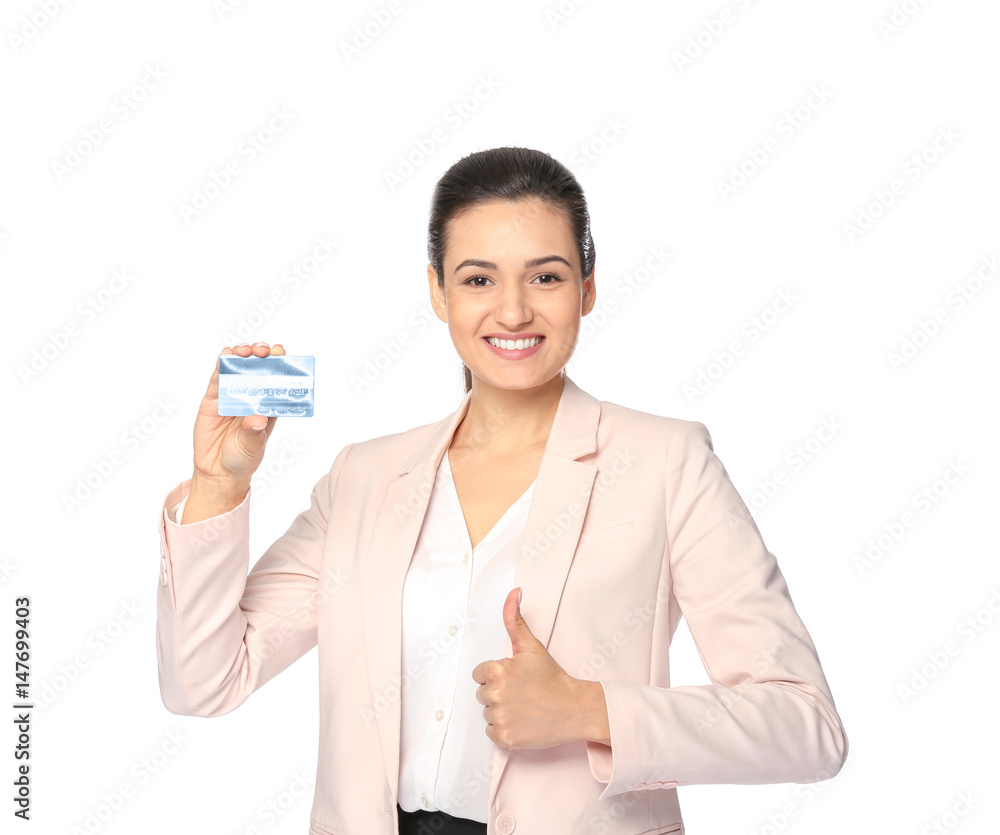 Beautiful young woman with business card on white background Beautiful young woman with business card on white background