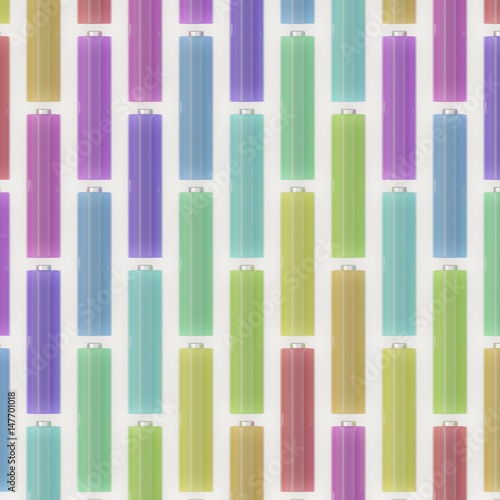 Flat Grid of Vibrantly Colored AAA Batteries on White