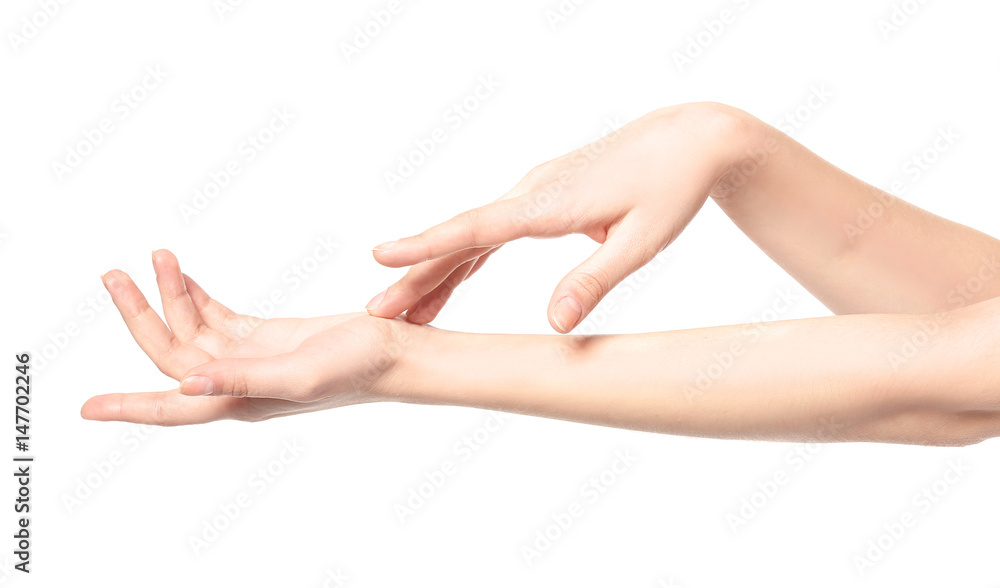 Hands of beautiful young woman on white background. Epilation concept