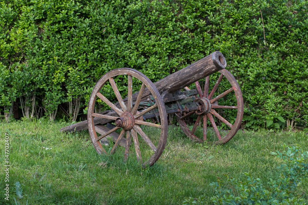 Old wooden cannon gun with wheels on grass