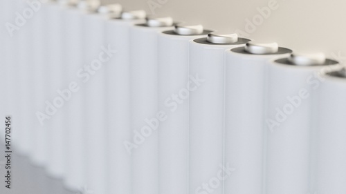 Upstanding Line of White AA Batteries With Shallow Depth of Field