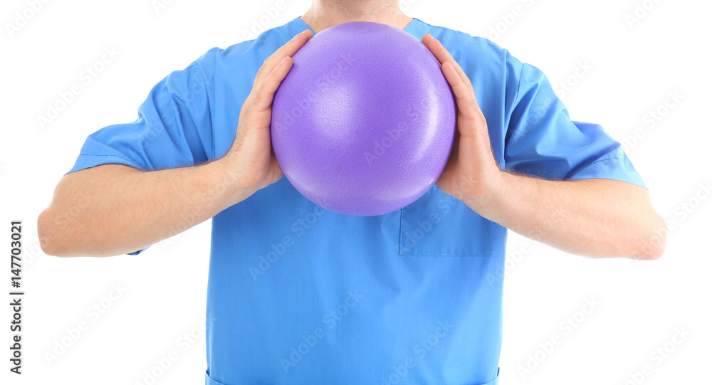 Man with rubber ball on white background, closeup Man with rubber ball on white background, closeup