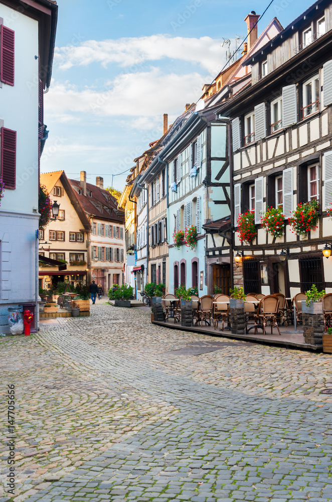 cosy street of Petit France medieval district of Strasbourg,Alsace France