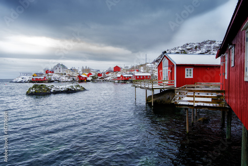 Typical red rorbu fishing huts on Lofoten islands in Norway.