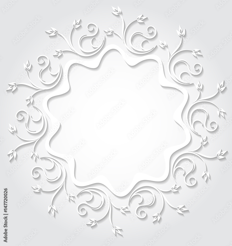 Decorative lace circle ornament for your design with floral branches and leaves. Cut of paper style illustration with shadow. Decorative lace circle ornament for your design with floral branches and leaves. Cut of paper style illustration with shadow.