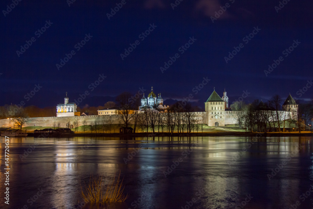 Veliky Novgorod night view. Holy Sofia. Kremlin. Bell tower. Russia