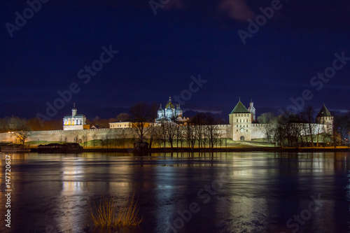 Veliky Novgorod night view. Holy Sofia. Kremlin. Bell tower. Russia