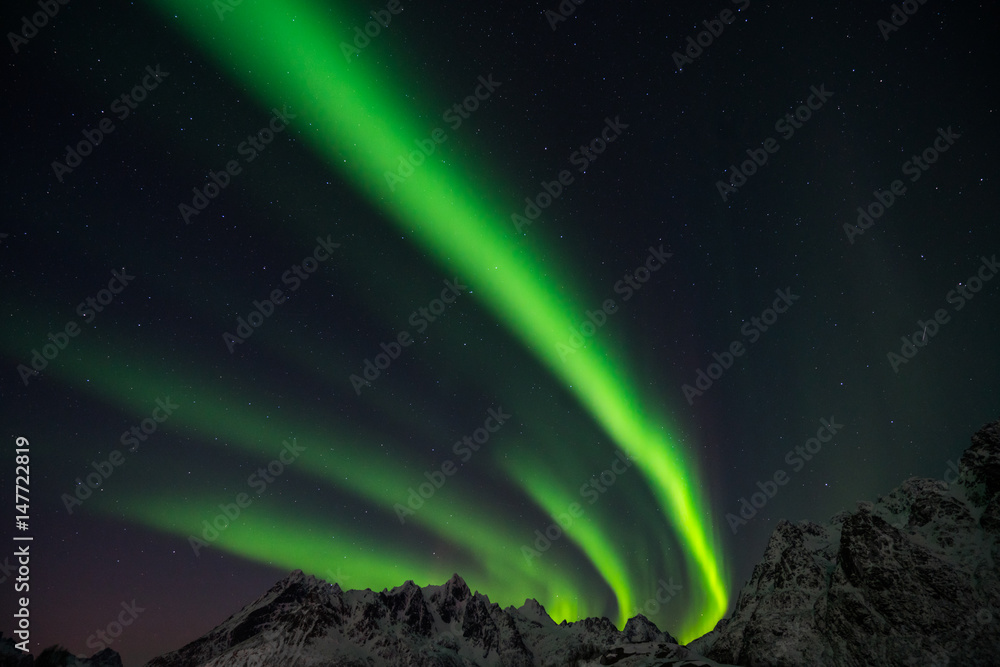 Perfect northern lights behind mountains in Norway