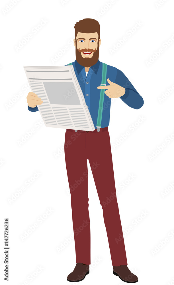Hipster pointing at a newspaper