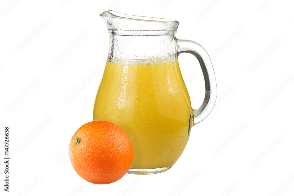 Delicious orange juice in jug isolated on white background Delicious orange juice in jug isolated on white background