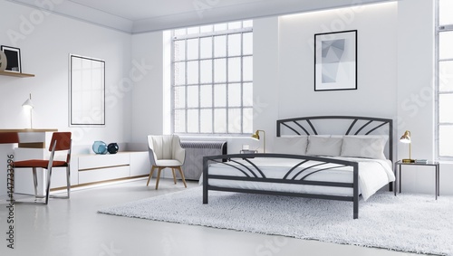 White modern bedroom  Scandinavian interior design