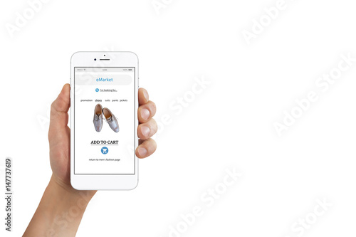 Isolated male hand on white background holding modern smartphone. Online shopping concept
