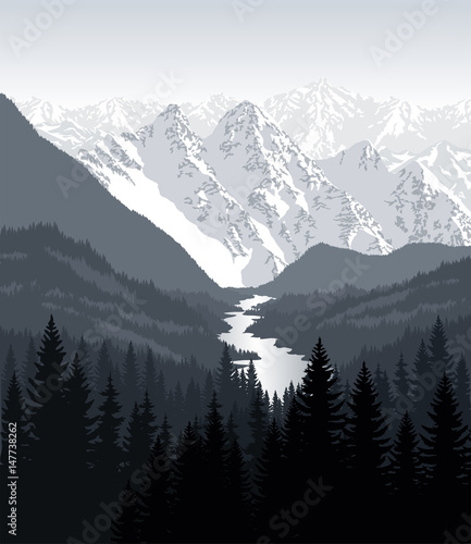 vector morning in beautiful mountains with river