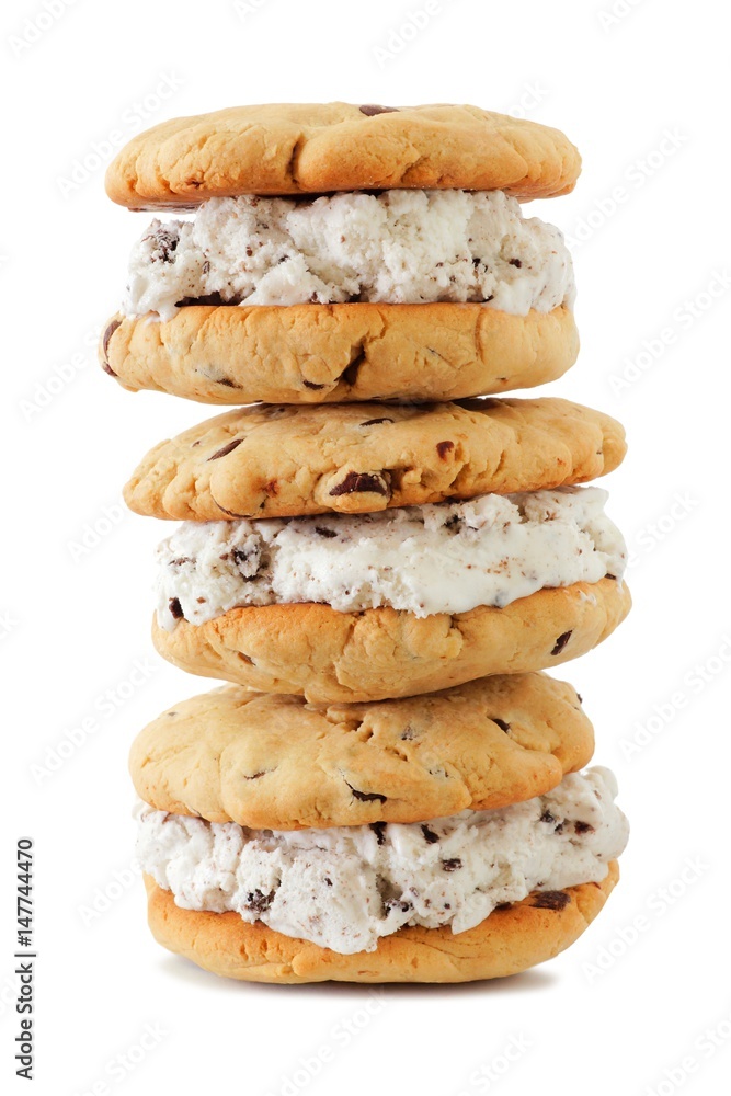 Stack of ice cream sandwiches with homemade cookies isolated on a white background Stack of ice cream sandwiches with homemade cookies isolated on a white background