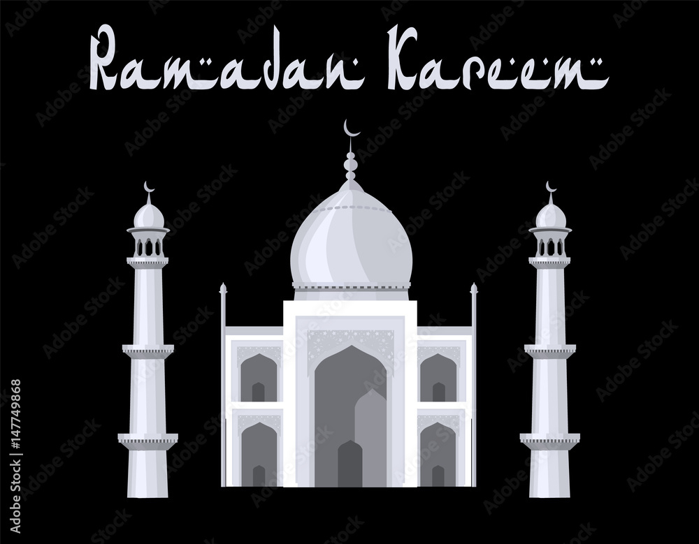 The mosque is painted in the style of the Taj Mahal temple. Ramadan Kareem. Black and white graphics with halftones. illustration