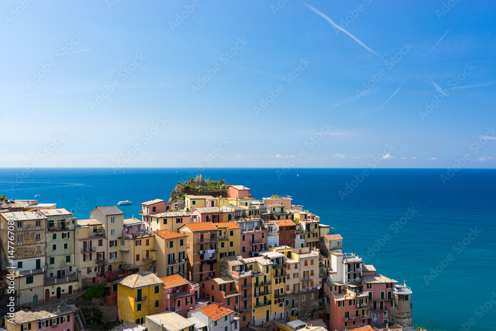 Color full Cinque Terre Manarola view in sunny summer day in Italy
