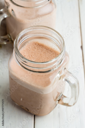 Cocoa in glass mugs top view.