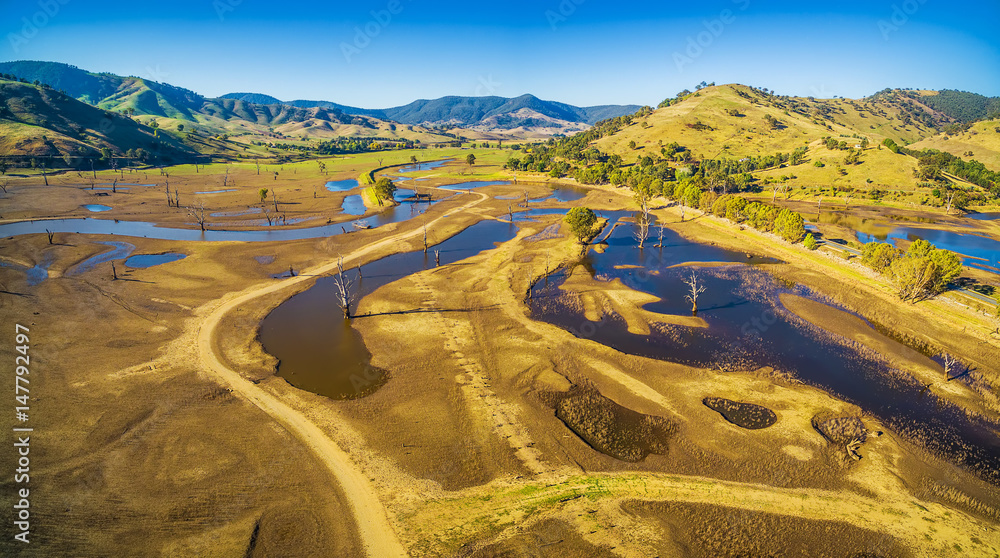 Aerial panorama of countryside near Tallangatta, Victoria, Australia