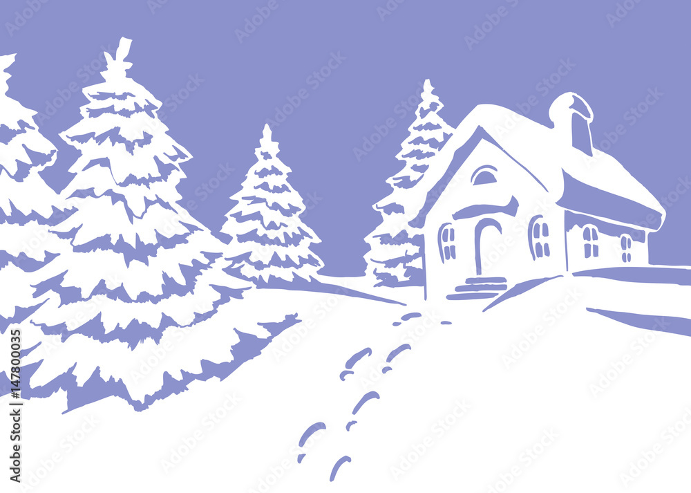 illustration of winter landscape with a house covered in snow illustration of winter landscape with a house covered in snow