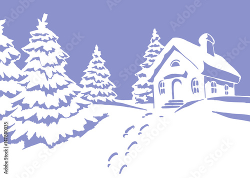 illustration of winter landscape with a house covered in snow 