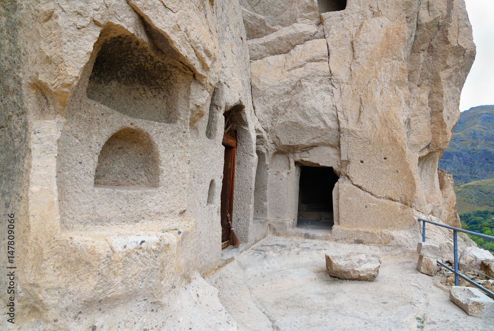 Entrance to cave in Vardzia cave monastery. Georgia