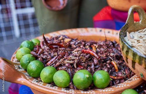 Eatable grasshoppers with lime, chapulin mexican food photo