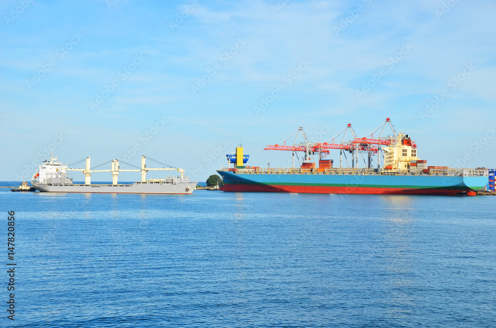 Fototapeta premium Port cargo crane, ship and container