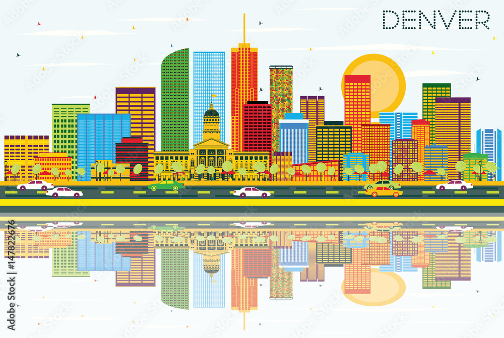 Denver Skyline with Color Buildings, Blue Sky and Reflections. Denver Skyline with Color Buildings, Blue Sky and Reflections.