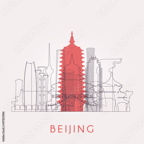 Outline Beijing skyline with landmarks. 