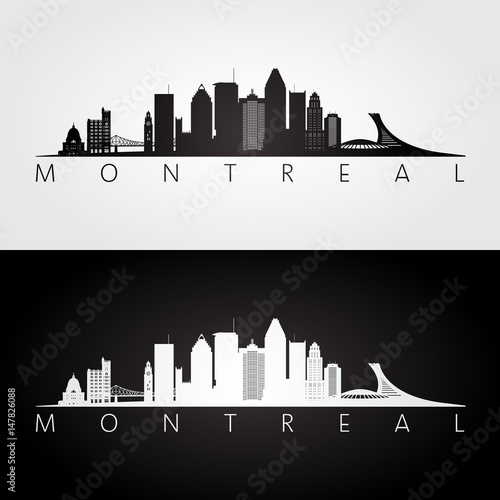 Montreal skyline and landmarks silhouette, black and white design.