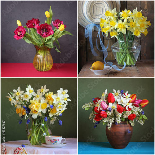 Fototapeta Naklejka Na Ścianę i Meble -  still lifes with bouquets of daffodils and tulips