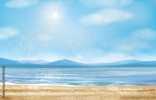 Vector  ocean  beach, blue sky and mountain  background.