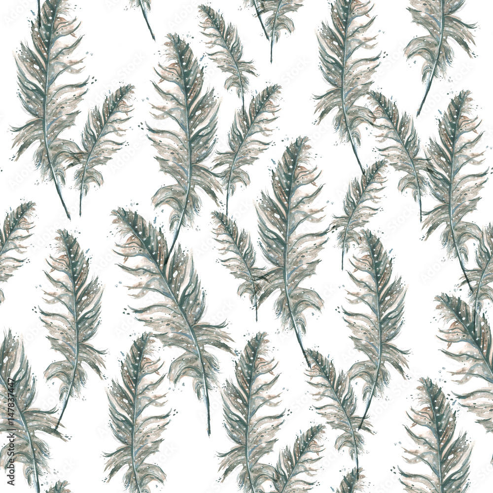 Seamless pattern with a watercolor pattern - bird feather. Vintage illustration on white background.