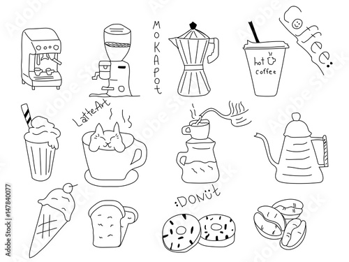 doodle hand-drawn coffee machine moka coffee pot, ice cream, donut, coffee beans, latte, coffee drip, kettle, bread, line illustration on background