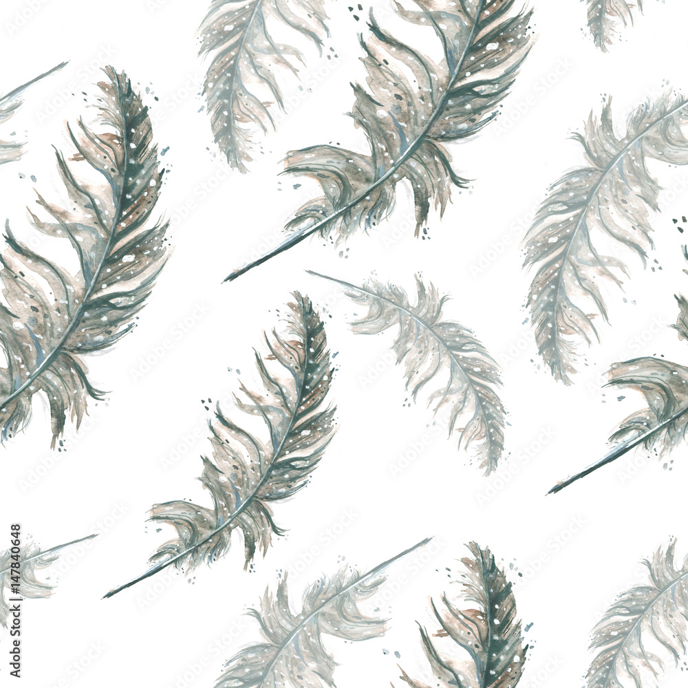 Fototapeta Seamless pattern with a watercolor pattern - bird feather. Vintage illustration on white background.