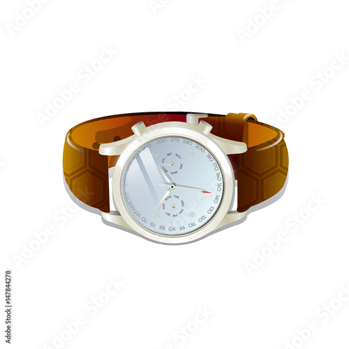 Classic men's watch with brown leather bracelet. Vector 3d illustration isolated on white background.