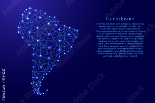 Map of South America from polygonal blue lines and glowing stars vector illustration