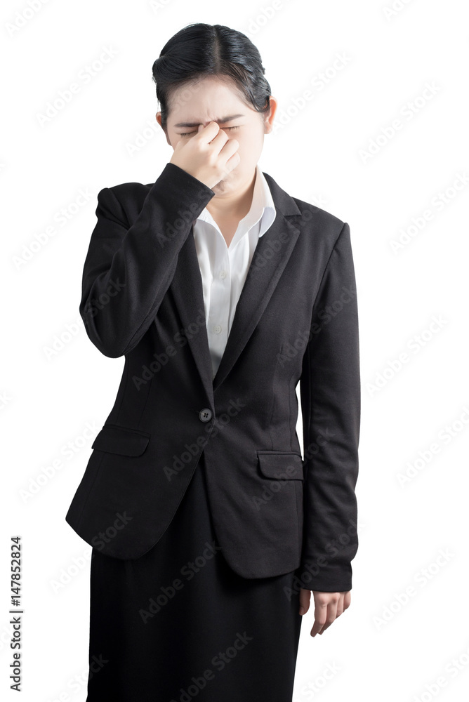 Nose pain symptom in a woman isolated on white background. Clipping path on white background. Nose pain symptom in a woman isolated on white background. Clipping path on white background.