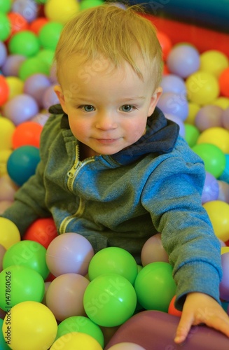 Cute little boy is playing with colorful balls in playcentre.