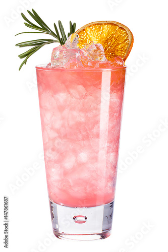Refreshing cold pink cocktail with ice decorated with dried orange and rosemary.