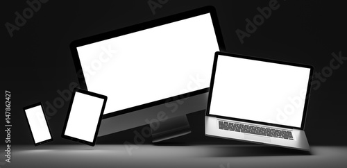 Dark modern computer laptop mobile phone and tablet 3D rendering