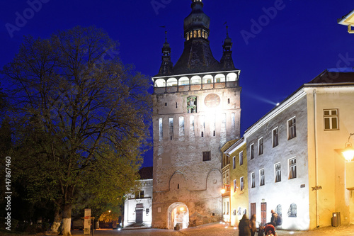 nignt at Unesco World Heritage Clock tower in Sighisoara Transylvania Romania