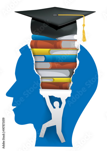 School Literature for Graduation.
Stylized Male head in profile with books, graduation mortar board hat and male silhouette ripping paper background. Vector available.