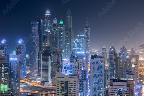 Photography Scenic view from roof top of Dubai's Jumairah Lakes Towers (JLT) by night