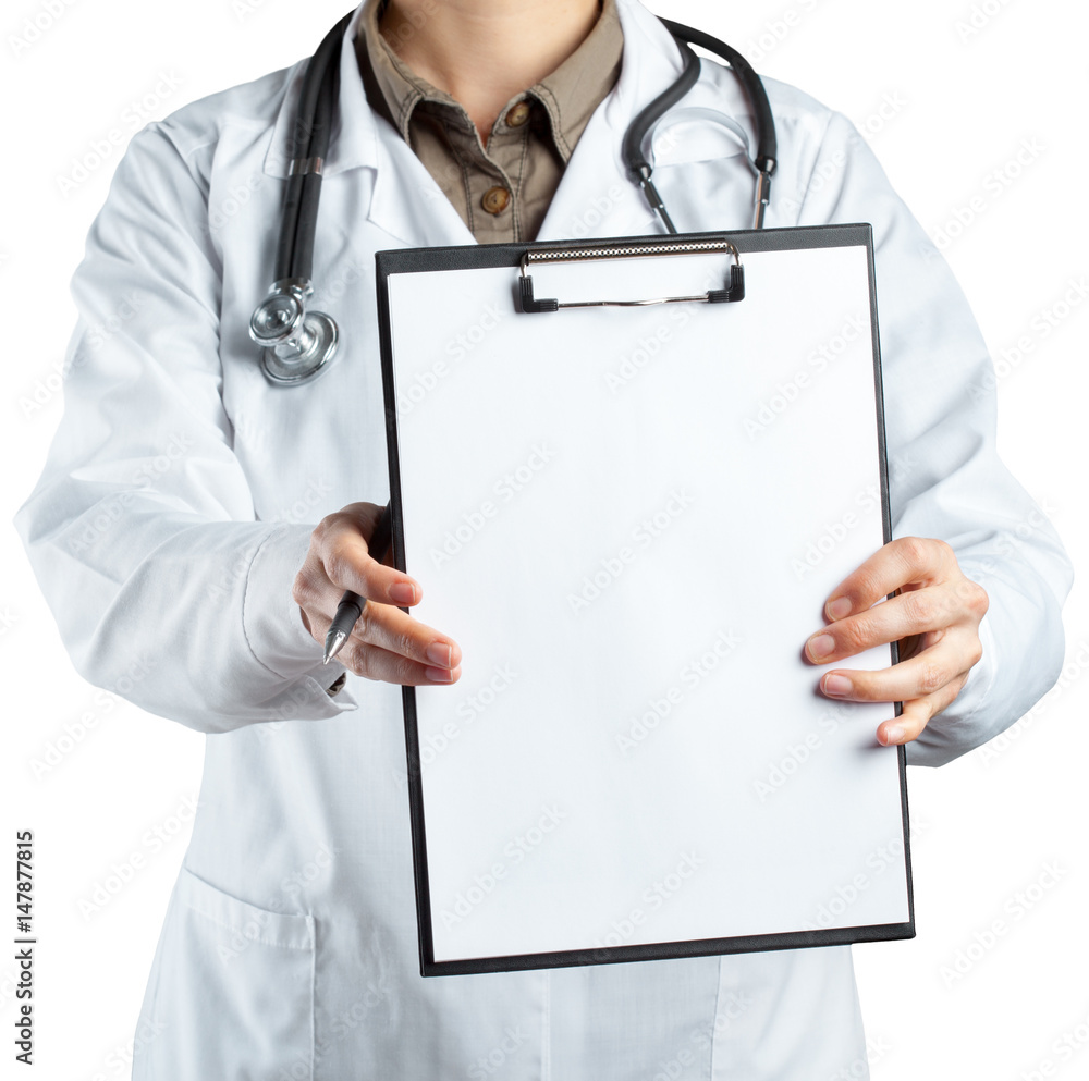 female doctor in uniform holding clipboard