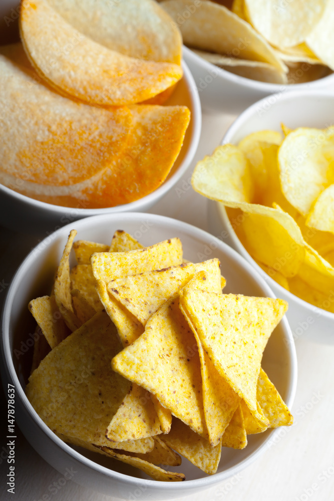 Potato chips in bowl on a table Potato chips in bowl on a table
