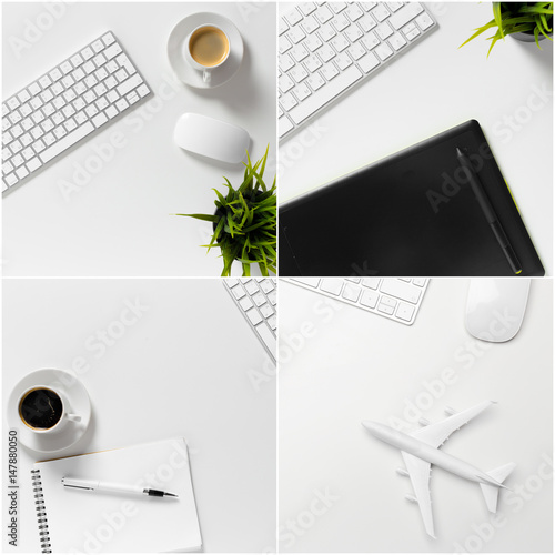 Office desk table with computer, supplies and coffee cup