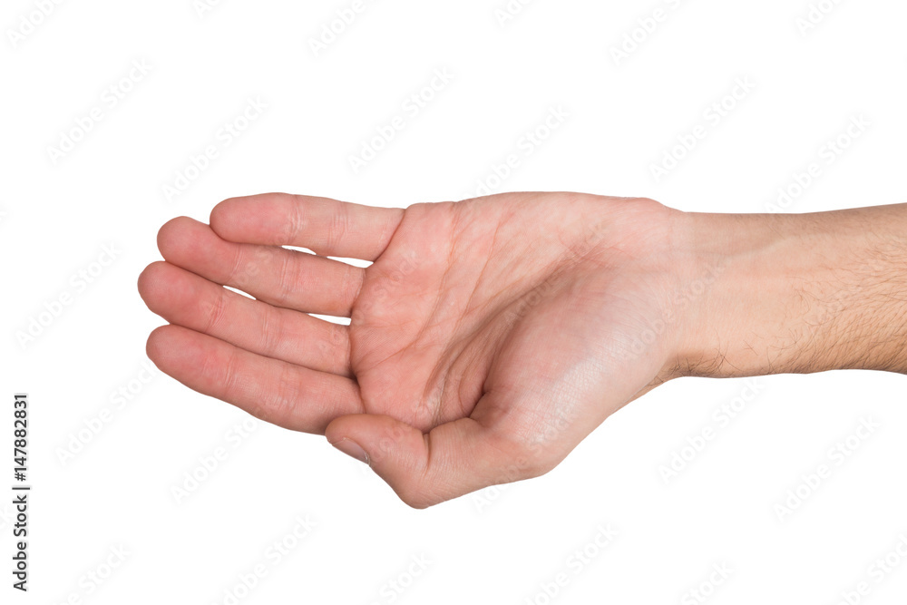 Man outstretched open hand, top view, isolated Man outstretched open hand, top view, isolated